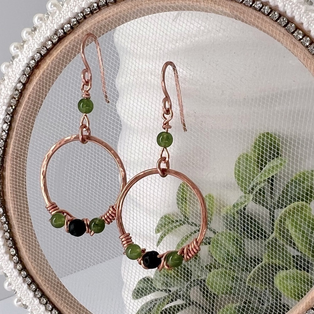 Wire Wrap Copper Earrings with Green Jade & Black Lava Stone
